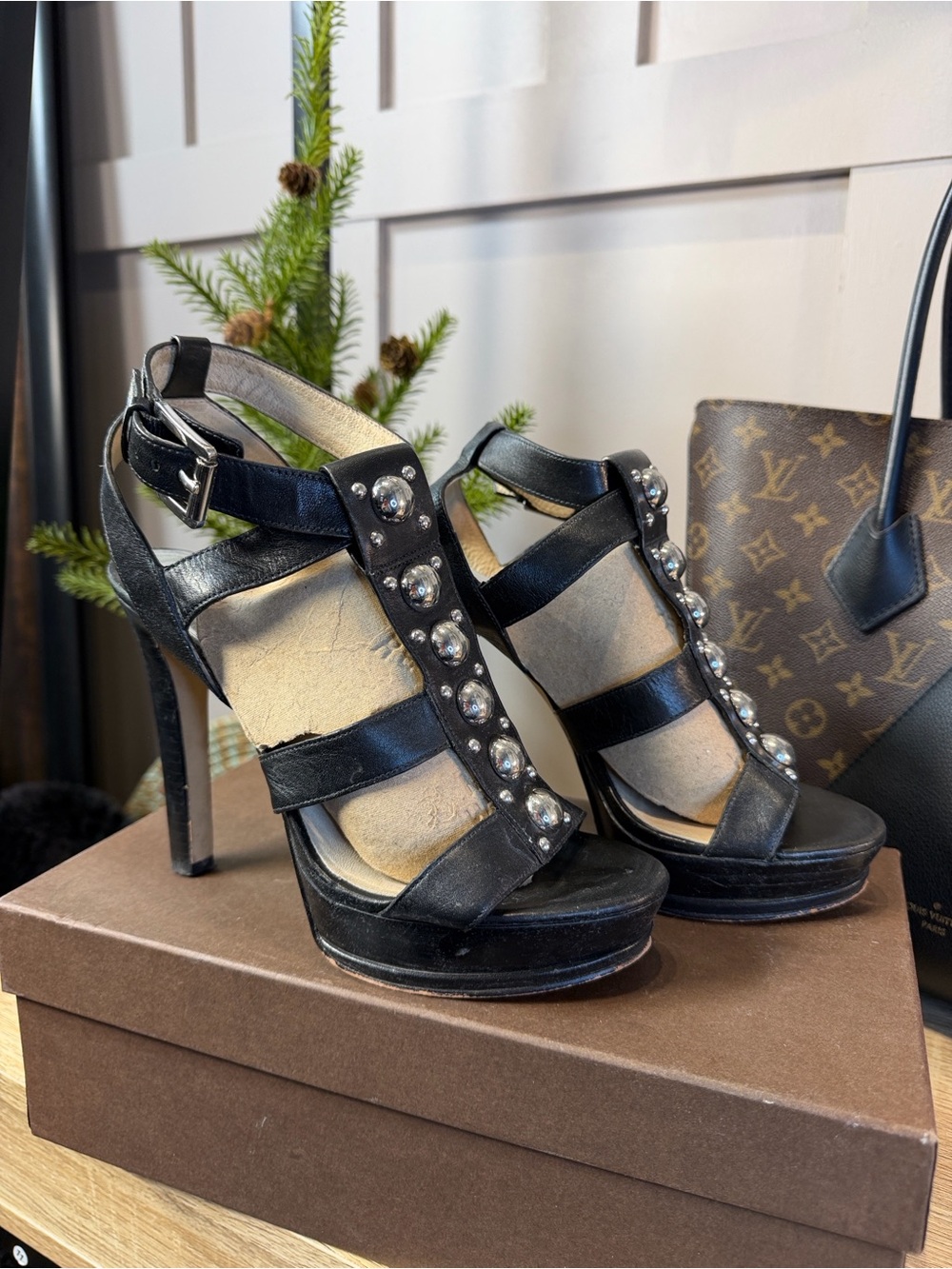 Michael Kors strapped leather high heels sandals with silver color studs 7.5 M